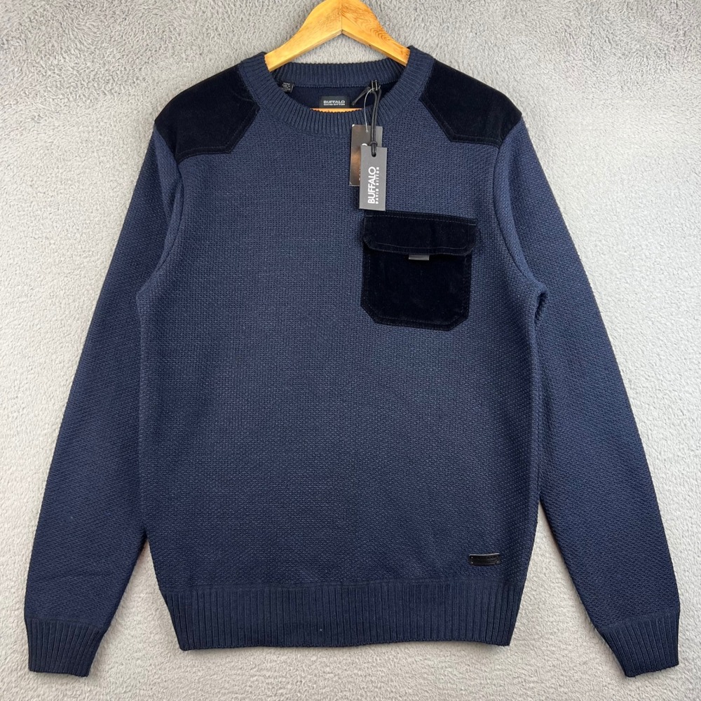 New Buffalo David Bitton Walace Blue Textured Knit Corduroy Pocket Sweater M